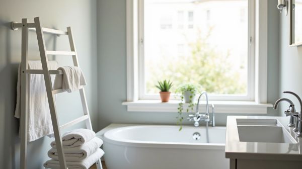 Petite salle de bain : organiser le linge et les produits sans meuble en plus